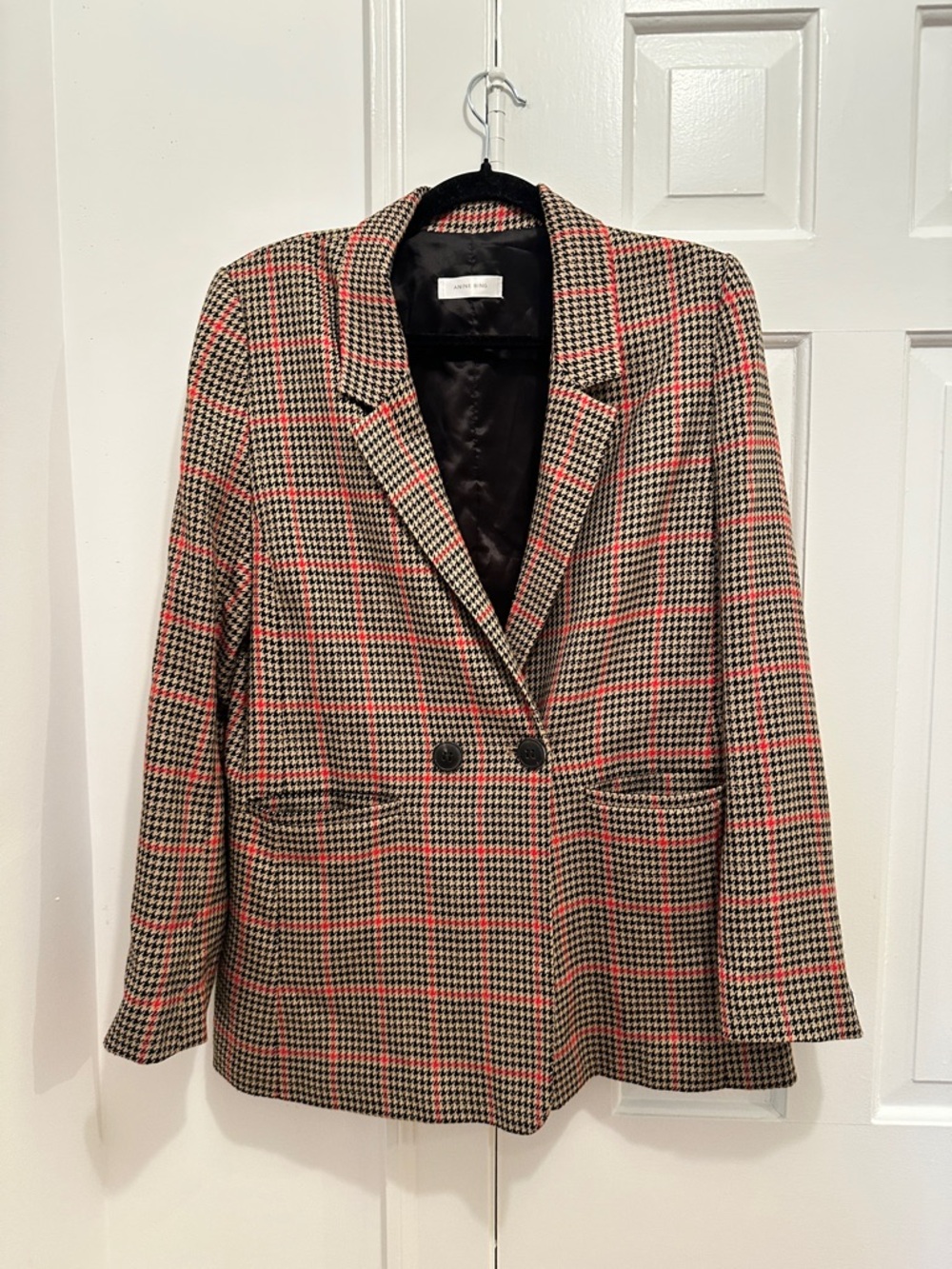Anine Bing Womens Madeline Double-Breasted Plaid Blazer - Red/Black Houndstooth - Picture 4 of 12